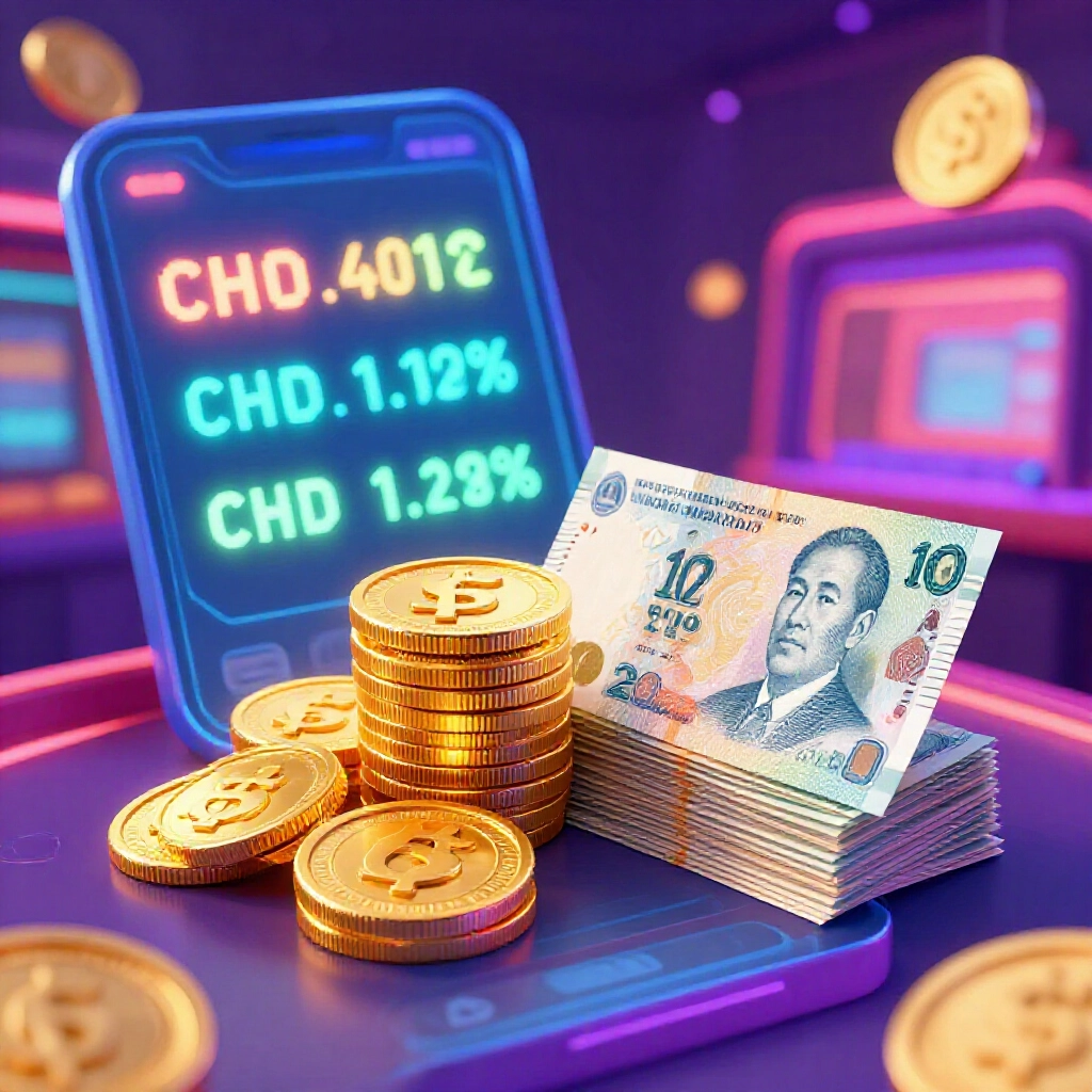 金幣堆疊與台幣鈔票的數位藝術,娛樂城App介面閃爍兌換比例,霓虹燈光營造賭場氛圍