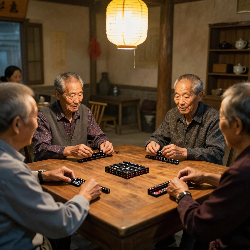 台灣鄉村長輩圍木桌堆黑粒仔骨牌，紅白凹點暖燈光下懷舊茶館氛圍