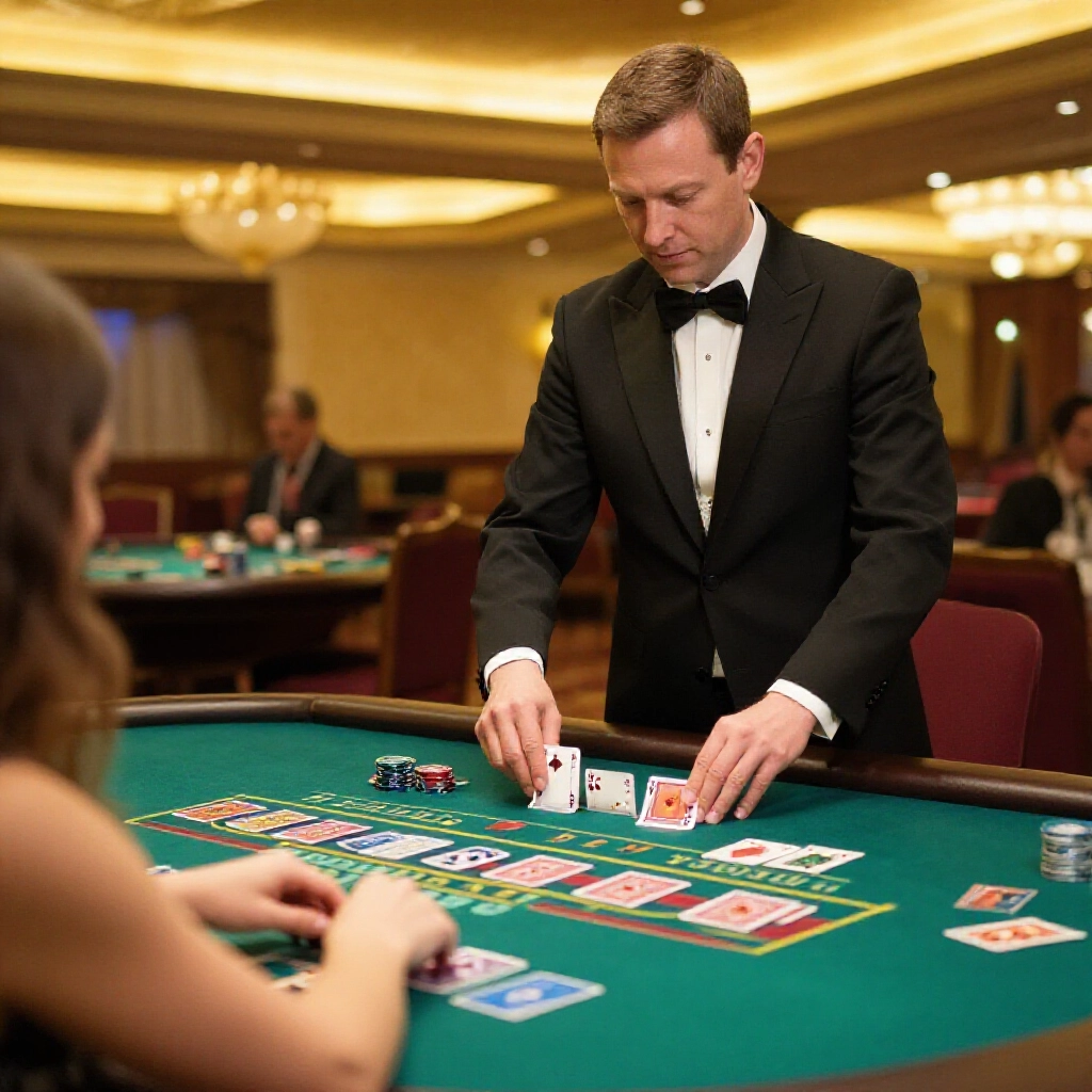 Live baccarat dealer dealing cards on green felt table with player avoiding dual bets on banker and player in elegant golden lit casino environment