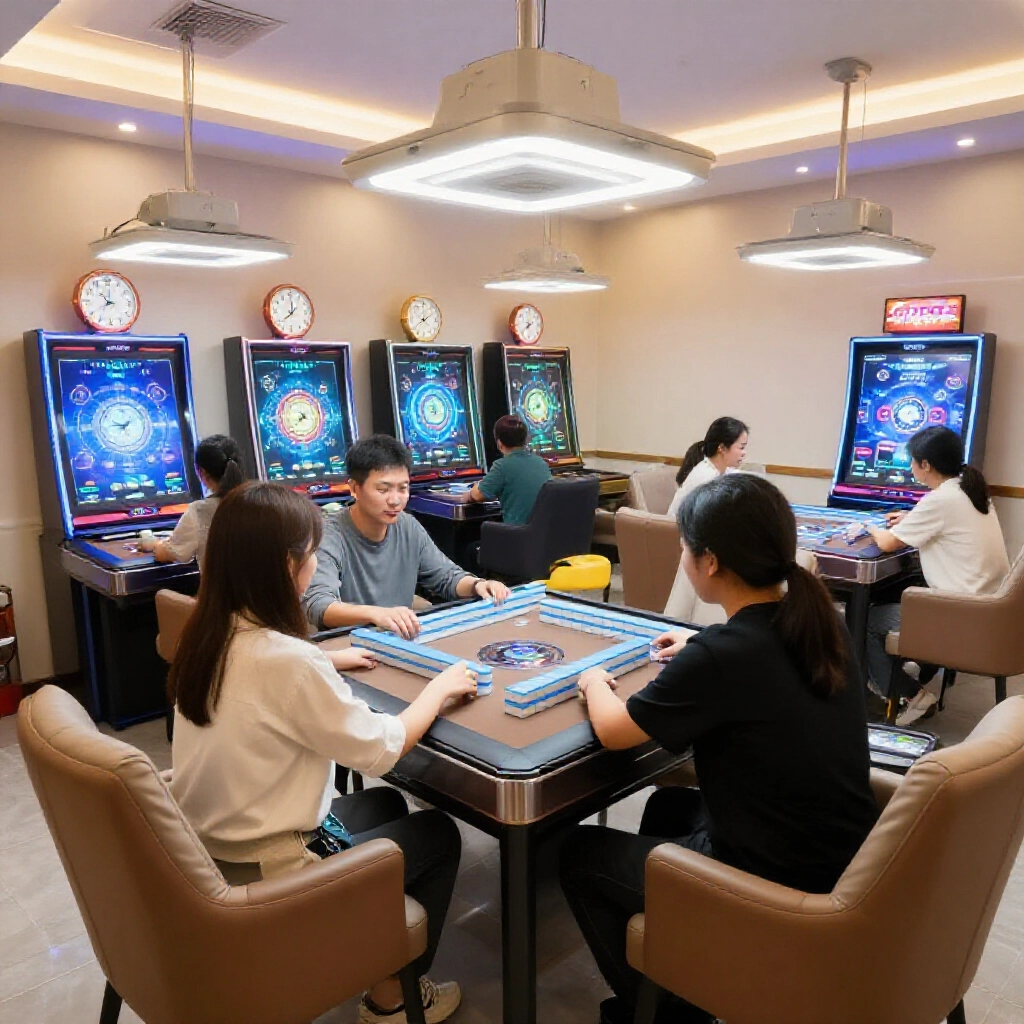 現代麻將館四人自動桌，計時計費顯示，過肩式洗牌機，明亮燈光舒適座位