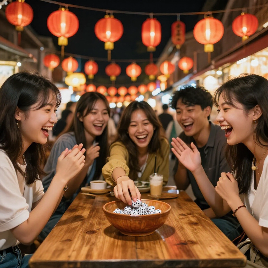 熱鬧夜市朋友圍桌搖骰，紅燈籠下笑鬧不停