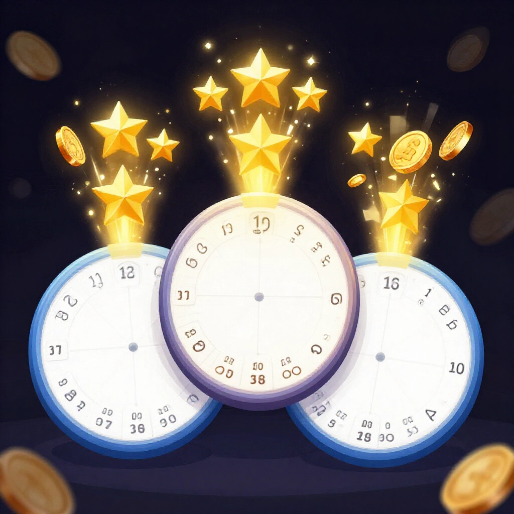 Dynamic award payout illustration of overlapping prize circles for 3 matched numbers yielding one three star and three two star wins exploding with golden coins on dark background