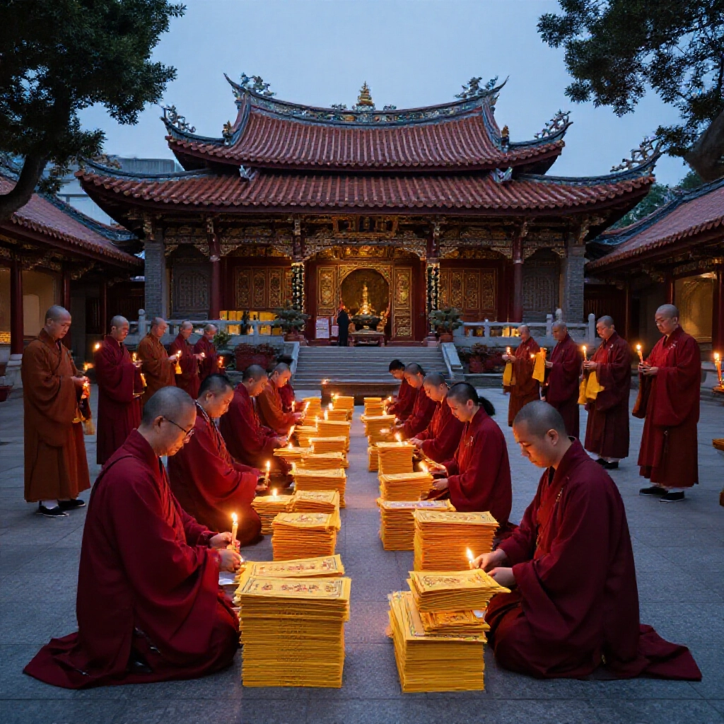 台灣廟宇庭院黃昏時分,祭司整理天地水錢金紙堆疊,燭光照亮金箔圖案,信眾跪拜祈福的寧靜場景