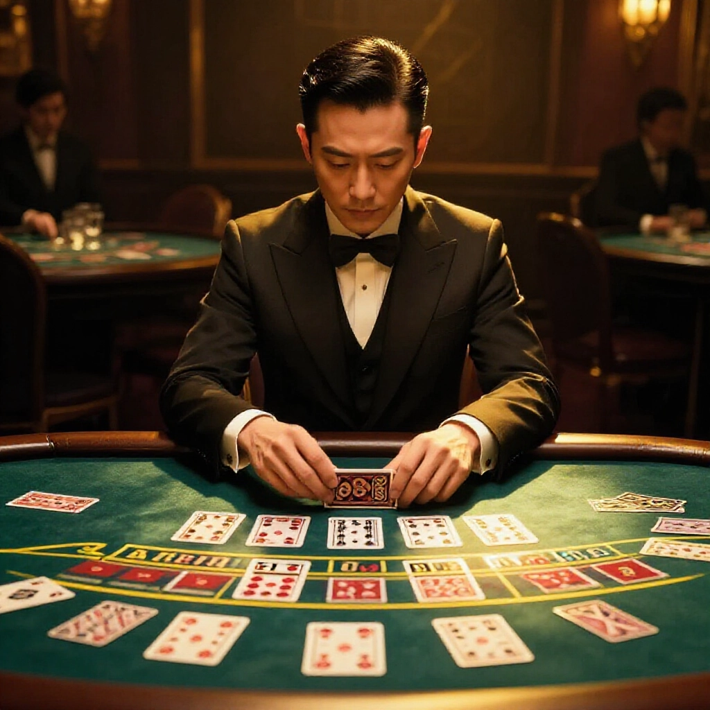 燈光昏暗的賭場桌，一位優雅賭客類似戴子郎專注研究百家樂牌靴與散落撲克牌，金色聚光燈營造神秘氛圍