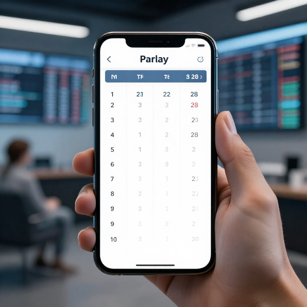 Mobile phone screen displaying a clear table of parlay combinations from 3 to 8 games with numbers like 3 groups for 3 over 2 and 28 for 8 over 2 held by a strategist in a modern betting lounge with charts and graphs in neutral blue tones
