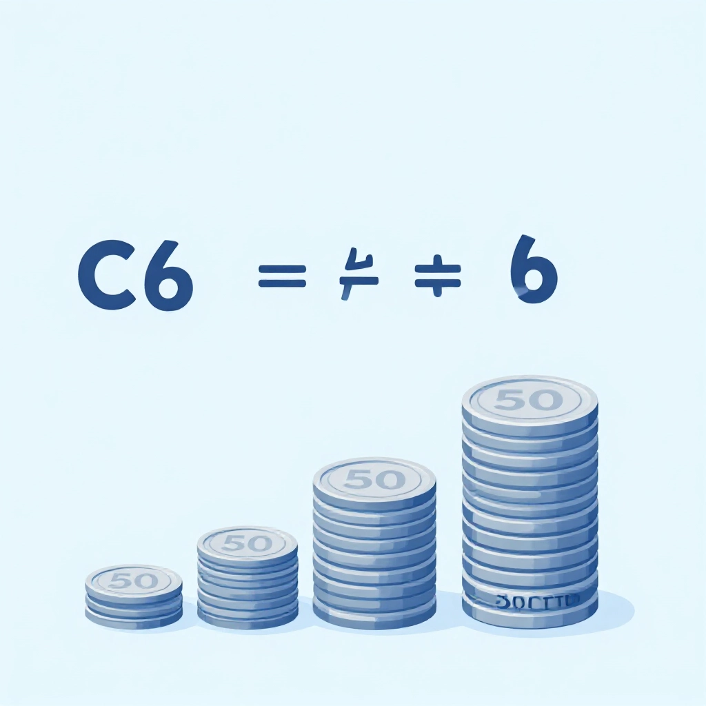 Simple mathematical diagram showing combination formula C6 choose 5 equaling 6 bets with 50 NTD coins stacking to 300 NTD total in clean modern infographic style with blue tones