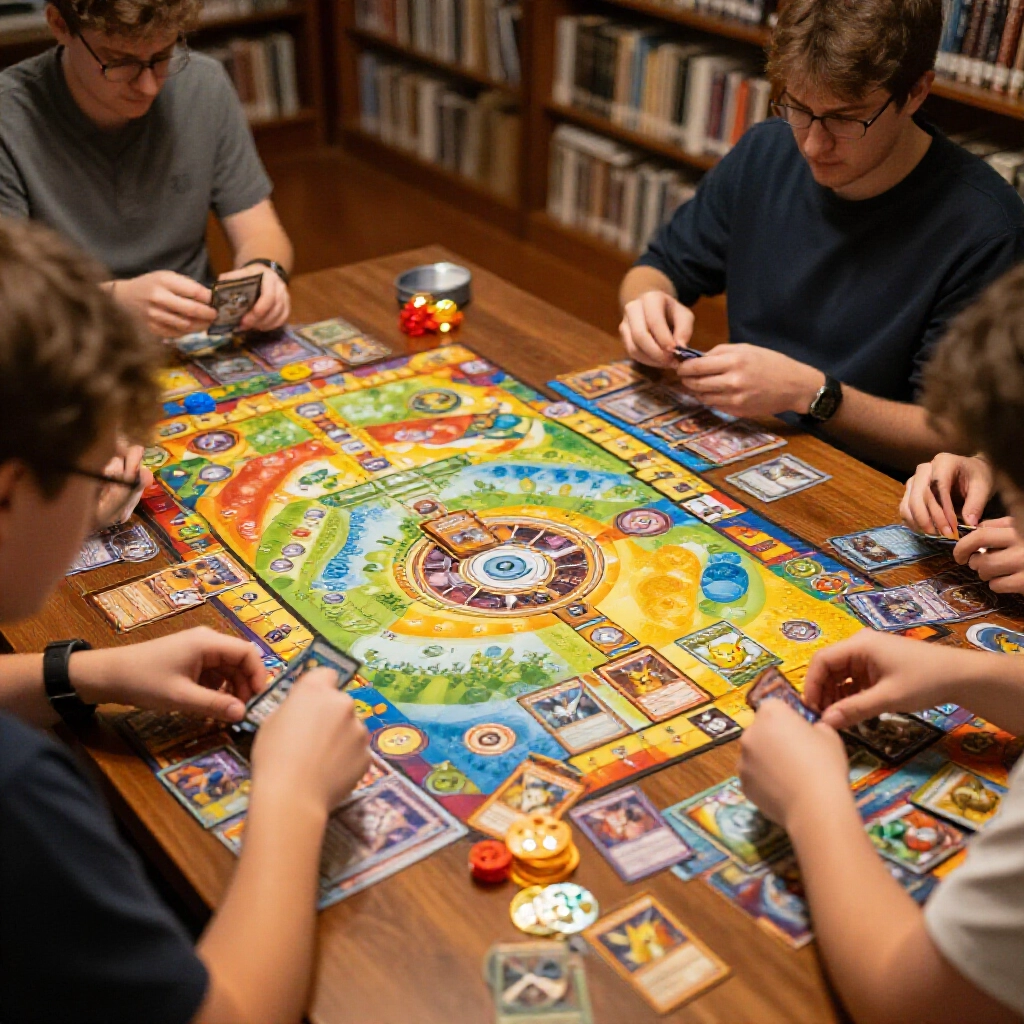 vibrant tabletop scene with players building decks from colorful pokemon and yugioh cards scattered around strategy boards under warm library lighting with focused expressions and resource tokens glowing softly