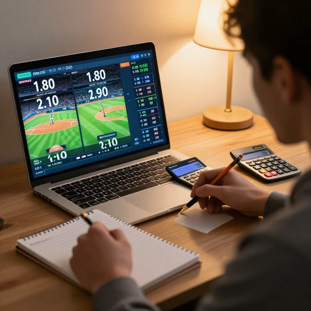 Focused player at a desk calculating parlay odds for three matches including baseball soccer and basketball using a notepad pencil and calculator with glowing screens showing odds like 1.80 2.10 1.90 in a cozy room lit by soft lamp light