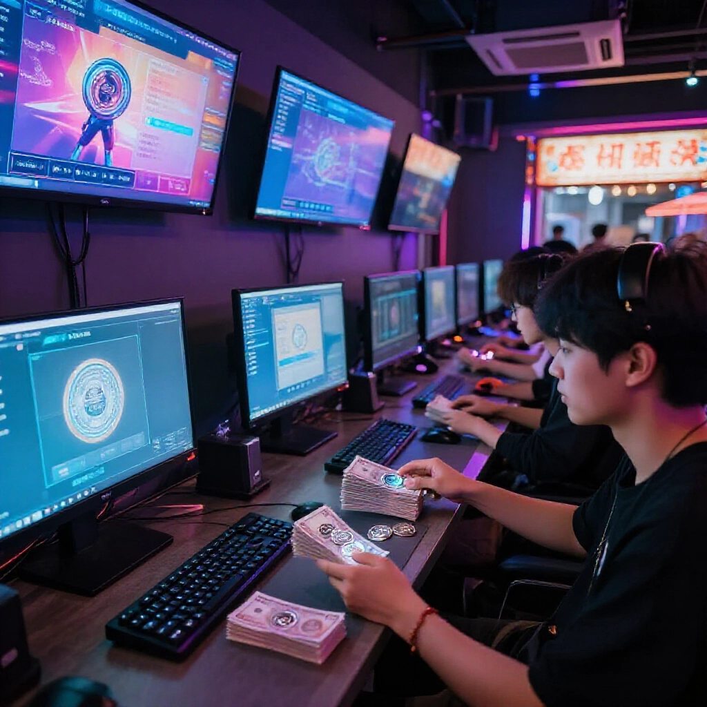 台灣網咖裡玩家在螢幕前用虛擬銀幣換現金，夜市氛圍熱鬧