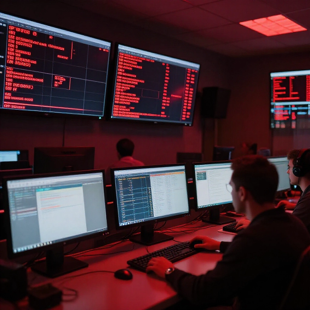 High tech control room with flashing red alerts for IP conflicts and abnormal betting logs on multiple monitors under dramatic red lighting evoking risk detection tension