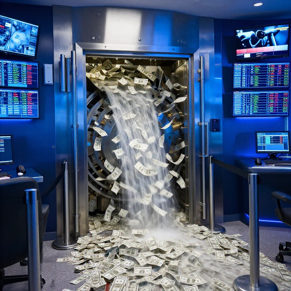 Casino security vault with flowing money streams blocked by barriers and surveillance monitors showing risk control panels in high tech blue toned control center