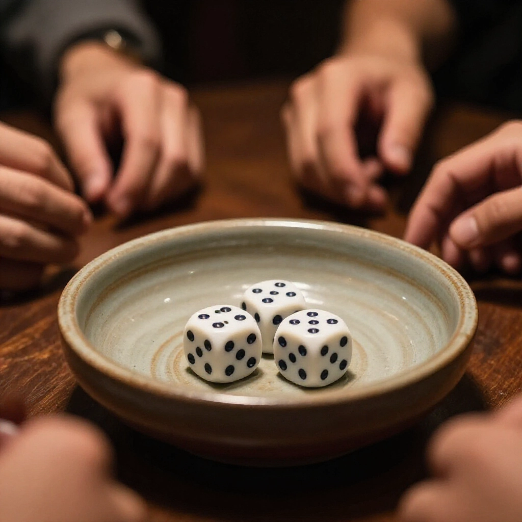 陶瓷碗內四顆骰子現對子，玩家手懸桌邊等揭曉