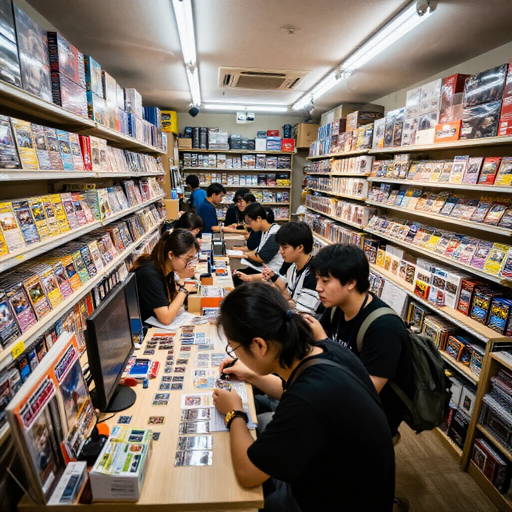 busy taiwanese card shop interior packed with pokemon tcg and one piece tcg boosters on shelves players trading high rarity cards at counters with excited crowds and fluorescent lights casting dynamic shadows