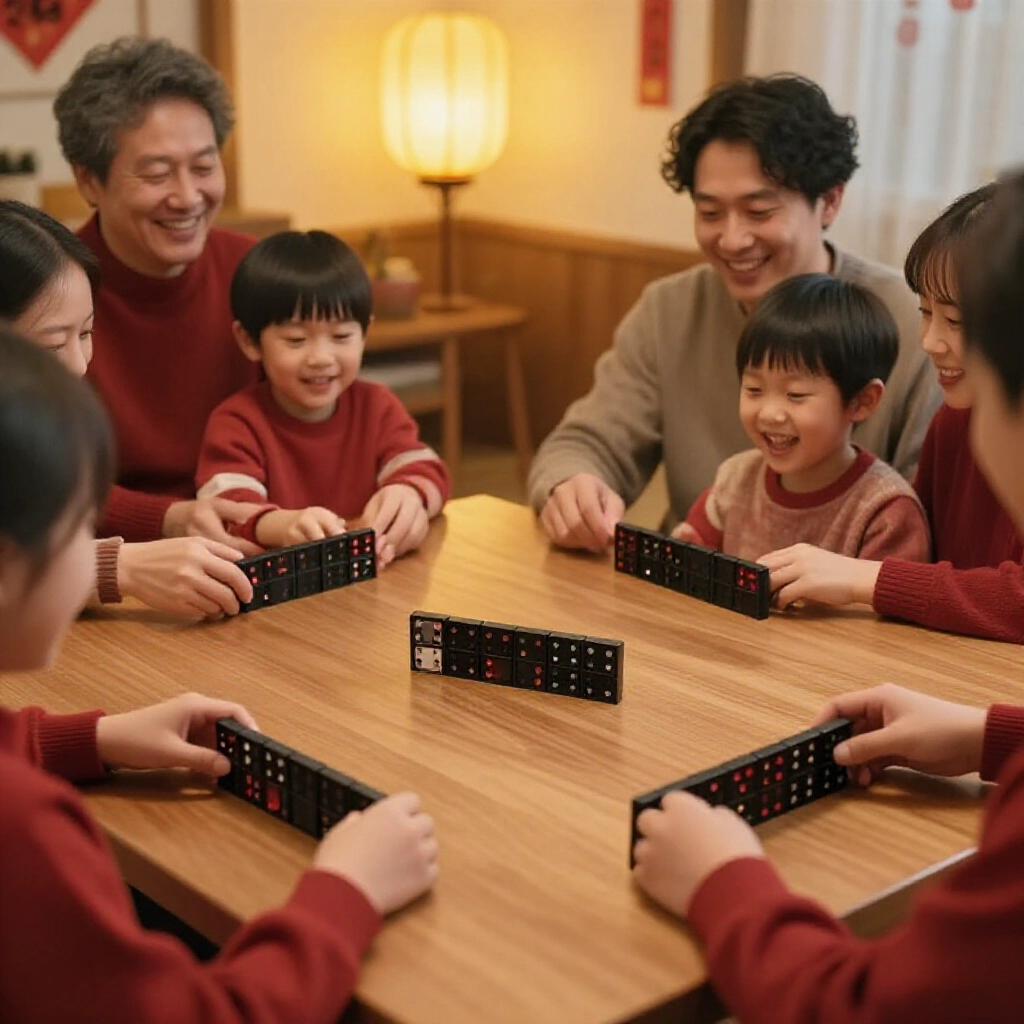 台灣家庭過年圍桌玩黑粒仔，木桌燈光暖黃，歡笑滿屋