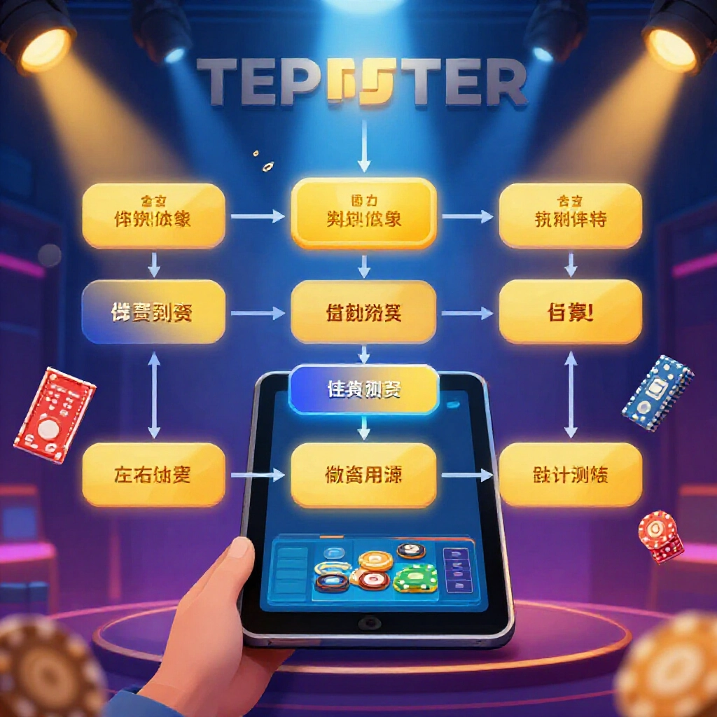 數位平板步驟流程圖,說明投注序列、流水計算與出金路徑,浮動賭場圖示,明亮工作室活力氛圍