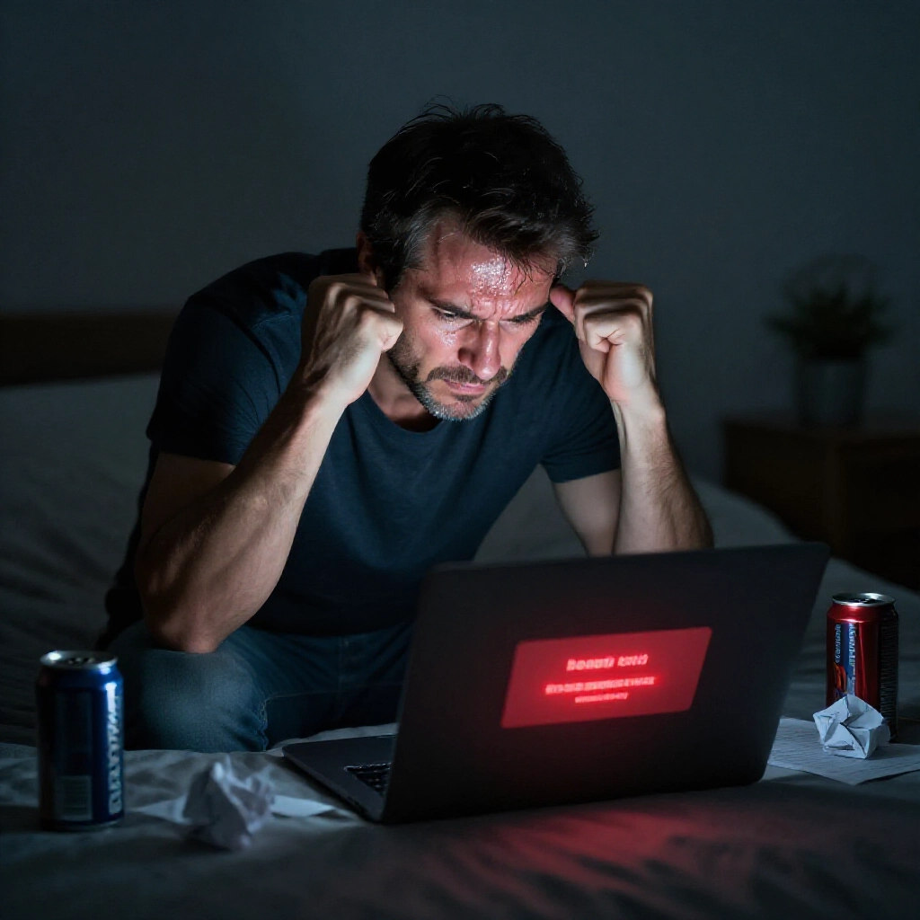 沮喪的中年男子在黑暗臥室彎腰盯著筆電,螢幕閃紅色提款被擋警示,額頭冒汗握緊拳頭,周圍空能量飲料罐和皺紙條散落