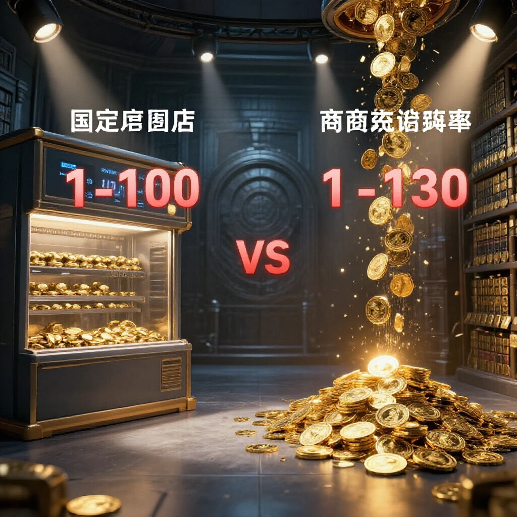 官方商店固定1:100兌換率對比幣商彈性1:130率，金幣從幣商那邊湧出更多，聚光燈照亮遊戲經濟金庫
