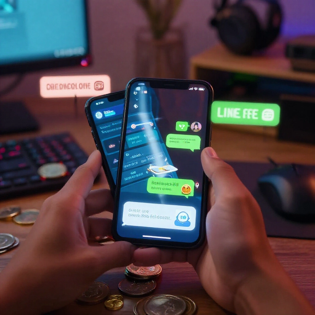 Player on mobile phone using in game gift function to transfer virtual coins to merchant account alongside LINE chat negotiation and bank transfer icons in cozy dimly lit gaming room setup