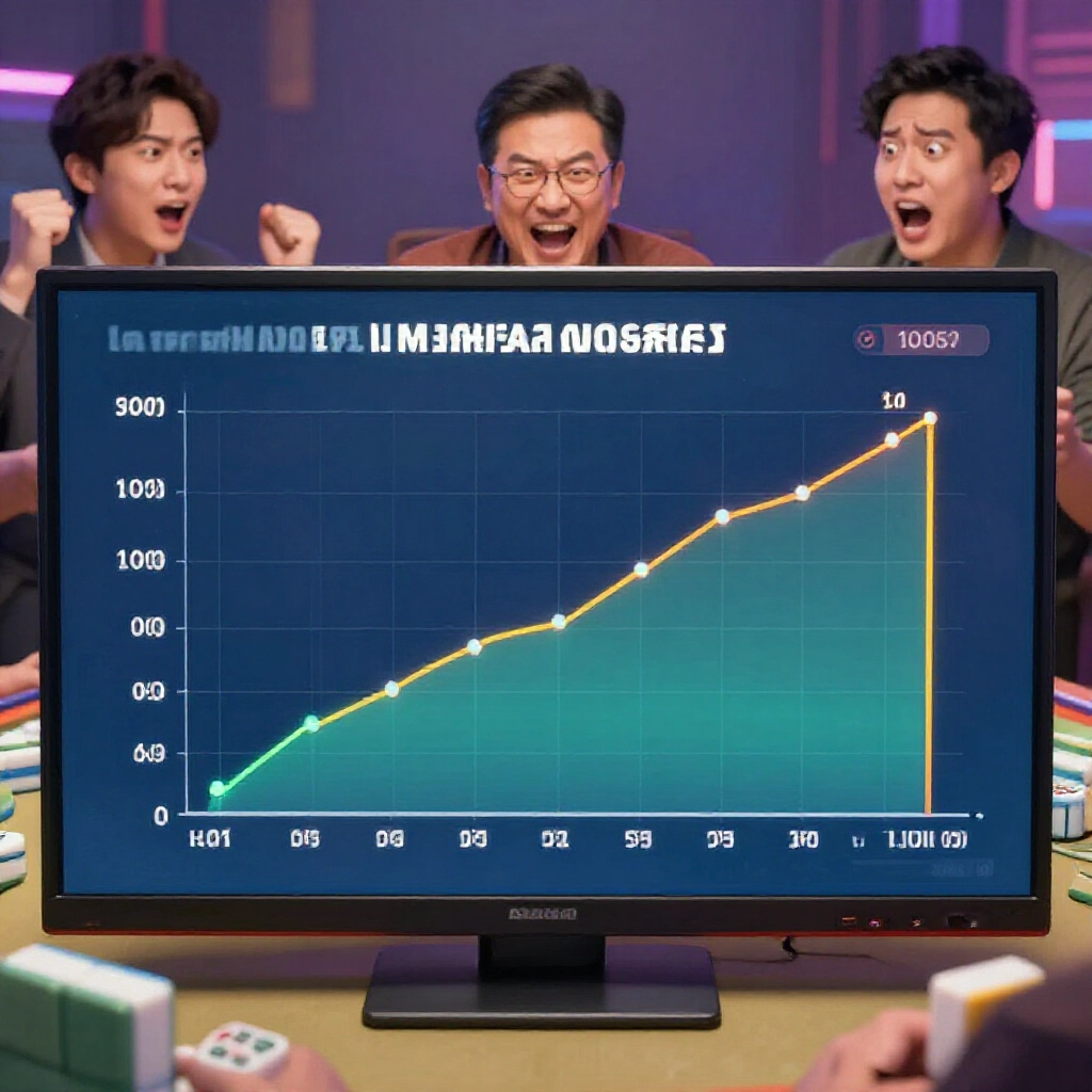 100/50麻將一將輸贏波動圖表,背景玩家臉龐興奮緊張,現代資訊圖呈現