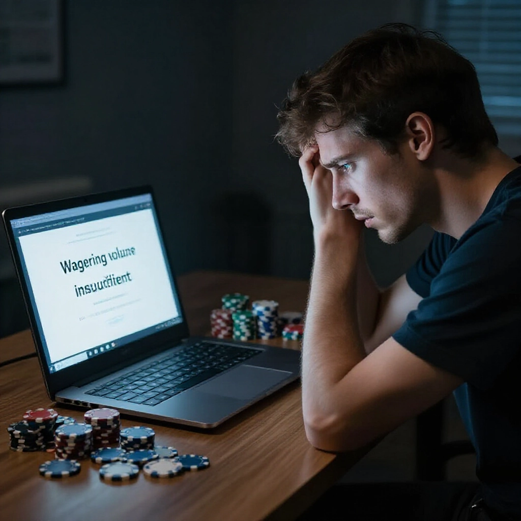 Frustrated player at desk staring at laptop screen displaying wagering volume insufficient alert surrounded by scattered betting chips in dimly lit room with tense atmosphere