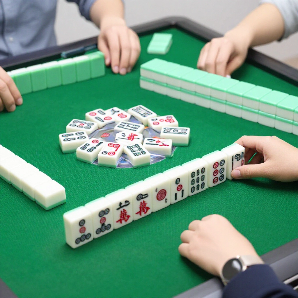 台灣三人麻將牌桌整理，去掉二到八萬，留一九萬筒索字花，綠桌日光燈亮
