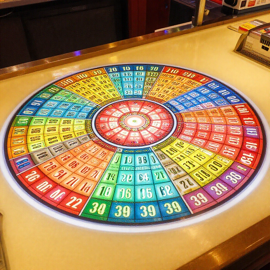 Colorful lottery ticket selection scene with six glowing numbers from 01 to 39 arranged in a circle on a bright Taiwanese counter under warm lighting evoking excitement and strategy