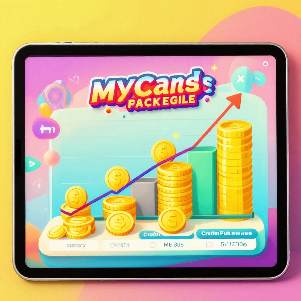 平板螢幕顯示MyCard卡片套組與信用卡選項,節慶促銷時金幣價值條向上攀升的彩色圖表