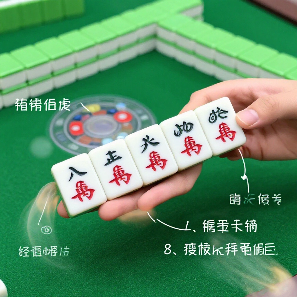 手握中張牌如4、5、6萬，組成高效結構快速聽牌，明亮的麻將桌旁有策略筆記