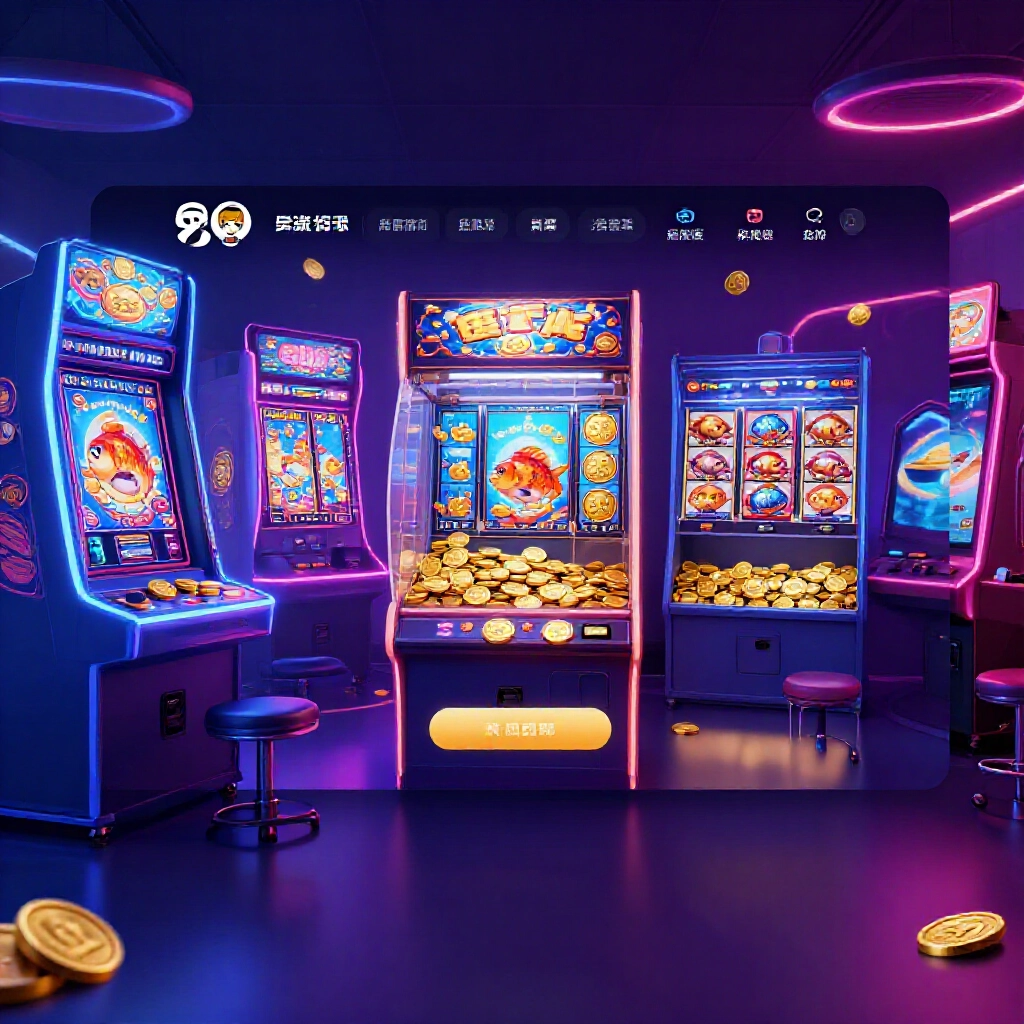 Modern Taiwanese online gaming platform interface featuring vibrant slot machines and fish catching arcade games with overflowing golden coins and subtle company branding in futuristic neon glow atmosphere