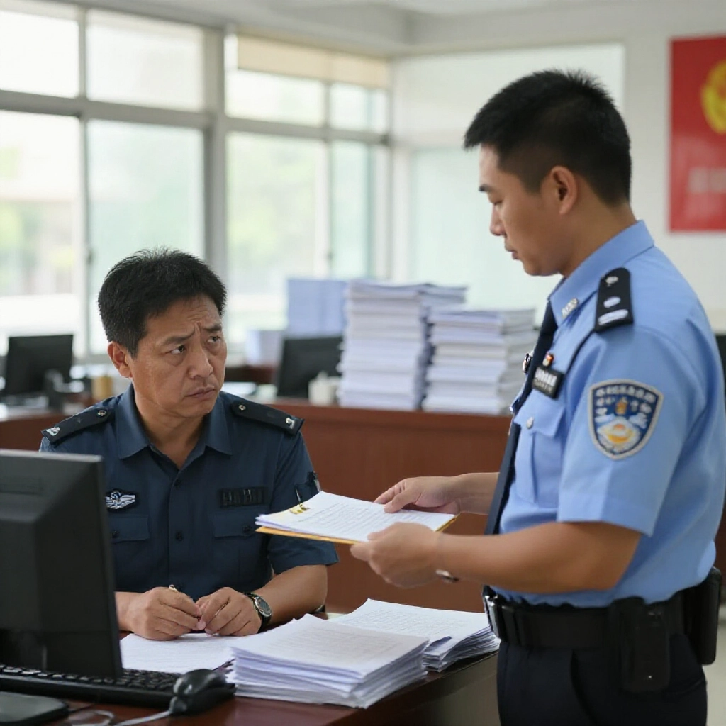 台灣現代警察局內部，擔憂成人從警官手中接過公文信封，背景堆疊法律文件，柔和日光透過窗戶營造緊張權威氛圍