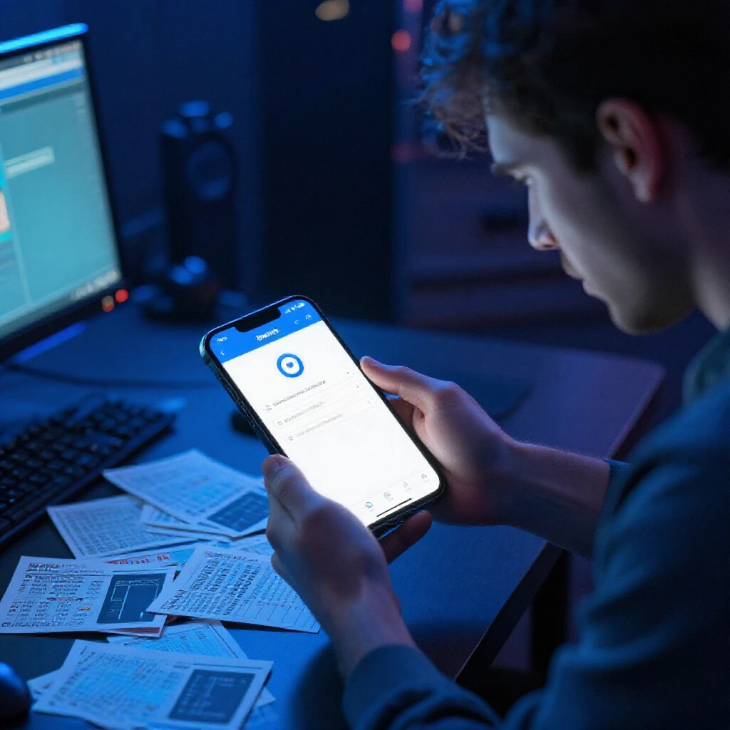 沮喪玩家檢查銀行 App 通知快速出金成功,周圍散落投注單與 PTT 評論亮點,在冷藍霓虹燈光下桌面