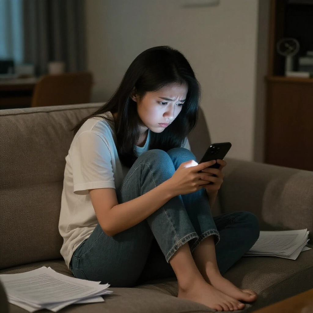 一位年輕女性在台灣公寓客廳緊張握手機,盯著困擾通知,周圍散落文件