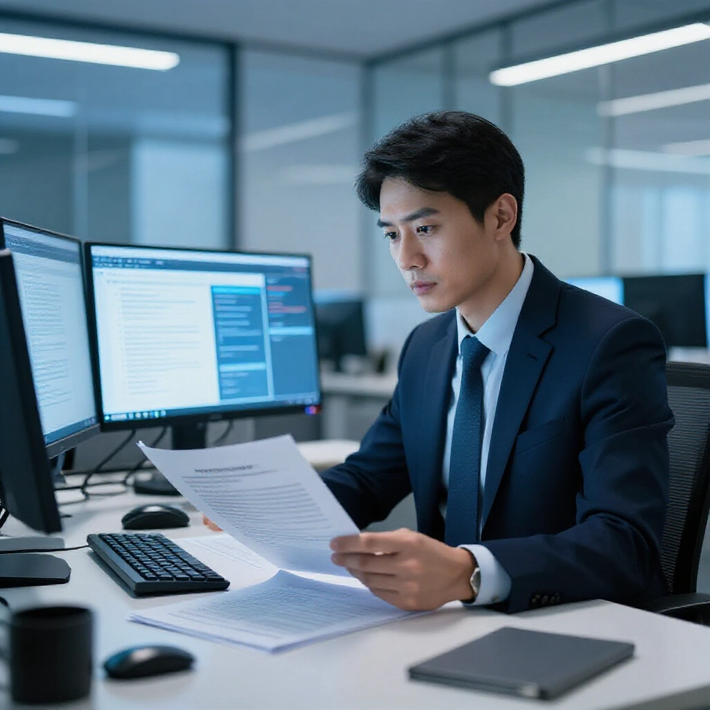 專業台灣分析師在時尚現代辦公室專注審閱法律文件與顯示法律圖表的數位螢幕，冷藍燈光下表情專注，周圍高科技設備