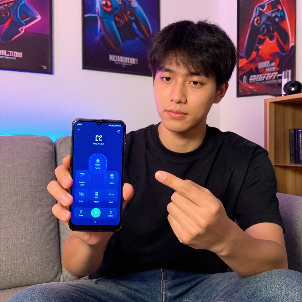 一位科技熟練男子在沙發上示範Android手機DNS設定變更步驟,螢幕亮光照亮專注臉龐,家中休閒環境,牆上有遊戲海報,鮮豔色彩
