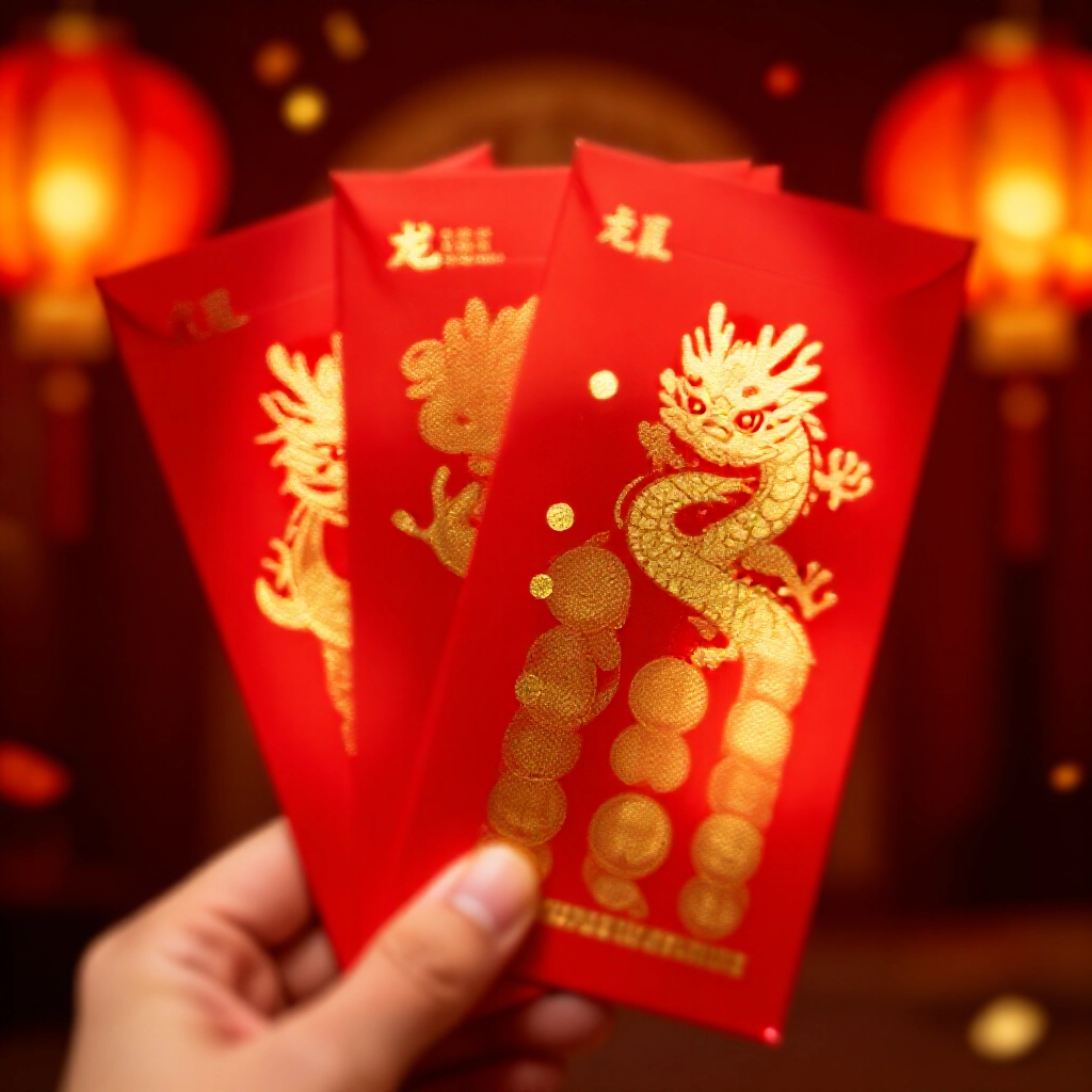節慶紅包主題刮刮樂彩券，金色龍年生肖代碼組合，溫暖燈籠燈光與彩屑背景