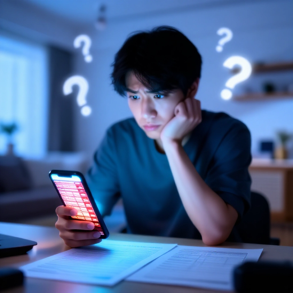 困惑的台灣年輕人在現代公寓手持顯示娛樂城投注單與水費帳單的發光手機,周圍飄浮問號