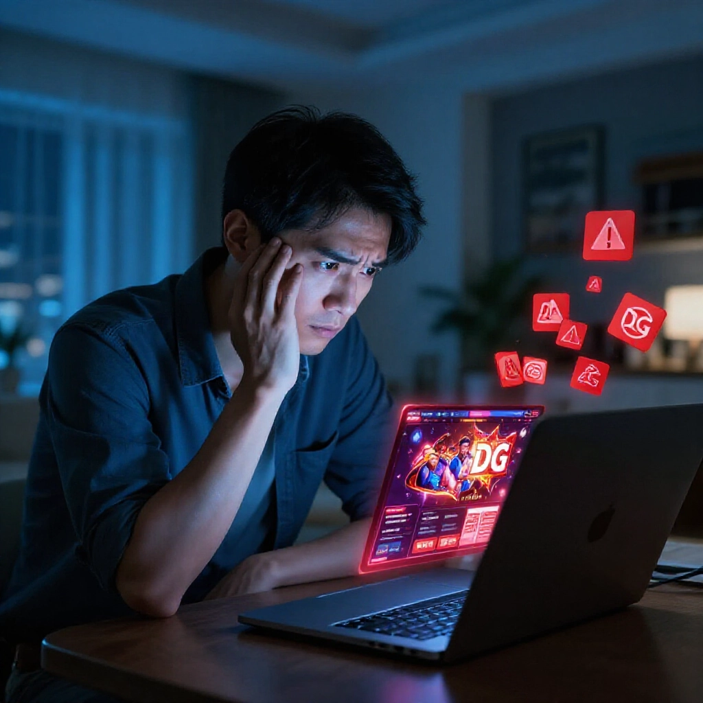 擔心的台灣男子在現代公寓夜晚盯著顯示DG賭場介面的筆電螢幕,周圍浮動紅色警告疊加與詐騙圖示,緊張藍光投射陰影於焦慮臉龐