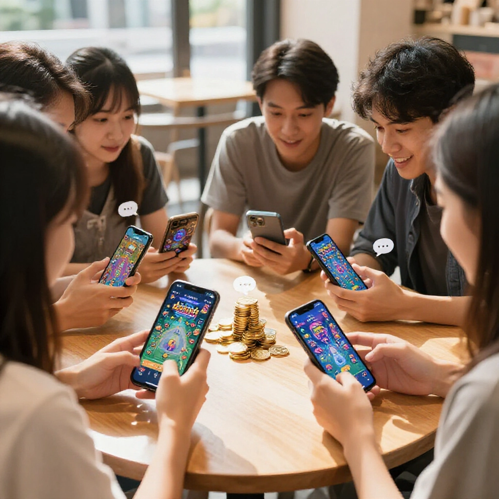 台北日間明亮咖啡廳，朋友們圍桌興奮玩星城與大福等熱門 App，手機顯示繽紛遊戲介面與堆積虛擬幣，聊天泡泡彈出，暖陽灑落