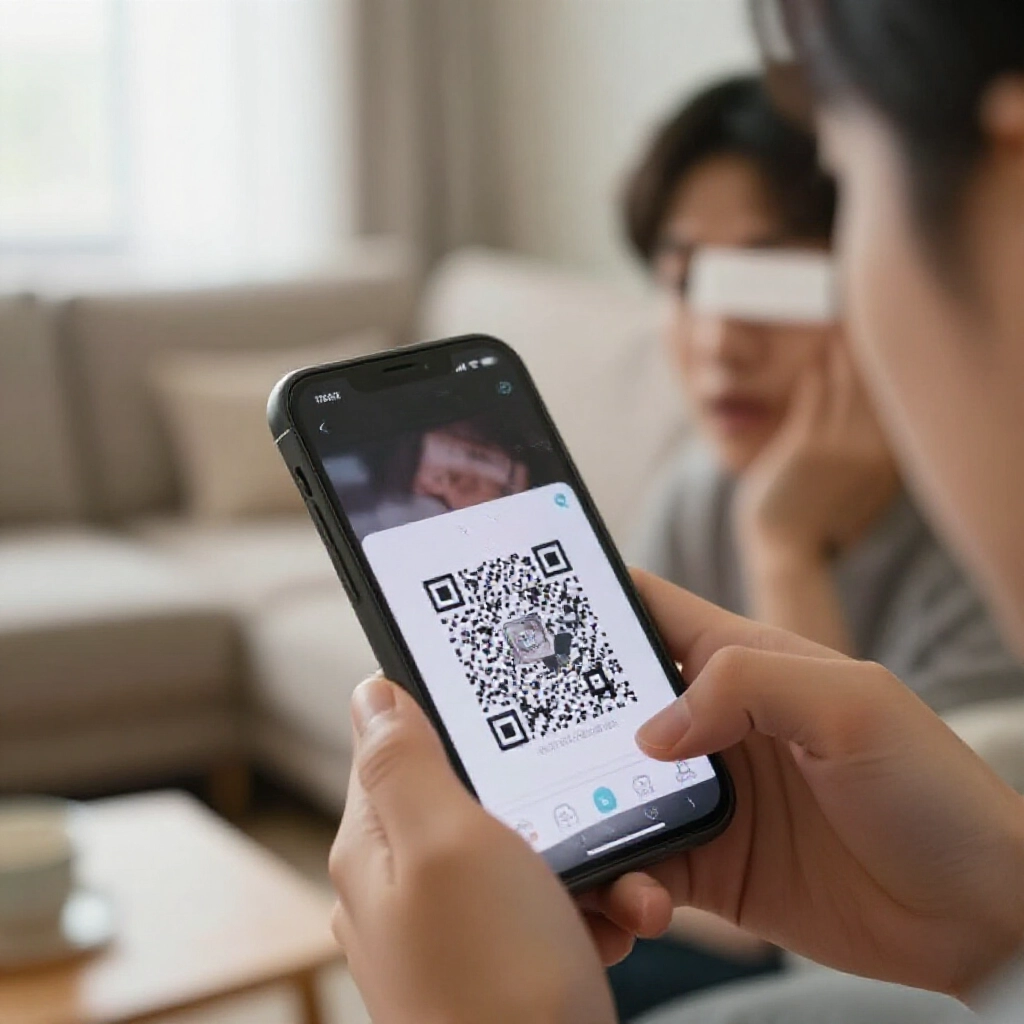 使用者在客廳用手機掃描刮開刮刮樂彩券上的 QR Code,專注表情與螢幕反光,自然窗邊光線