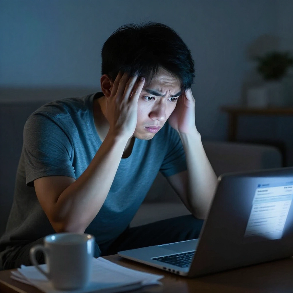 一位焦慮的年輕台灣男子在深夜客廳盯著筆電螢幕,顯示轉帳到線上娛樂城的畫面,神情擔憂眉頭緊皺