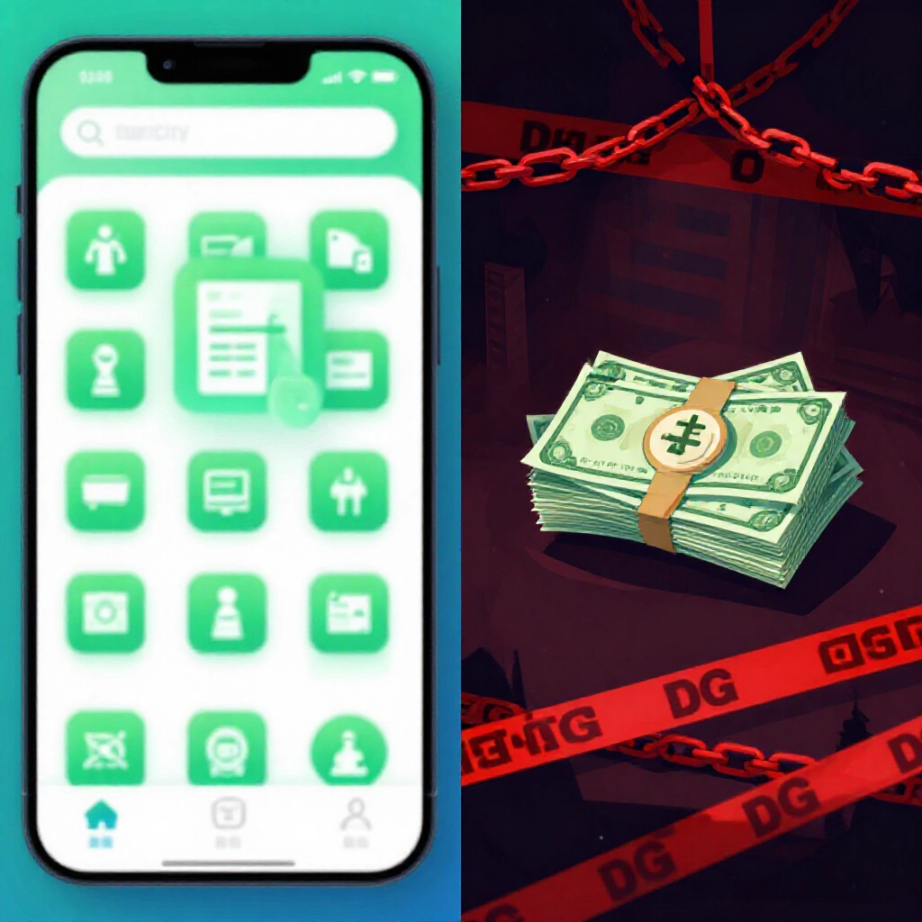 分割畫面插圖,一側星城App Store頁面活力綠色合法圖示,另一側陰影DG現金網紅色鎖鏈與警戒線,中央平衡天秤,對比冷綠熱紅色調,資訊氛圍