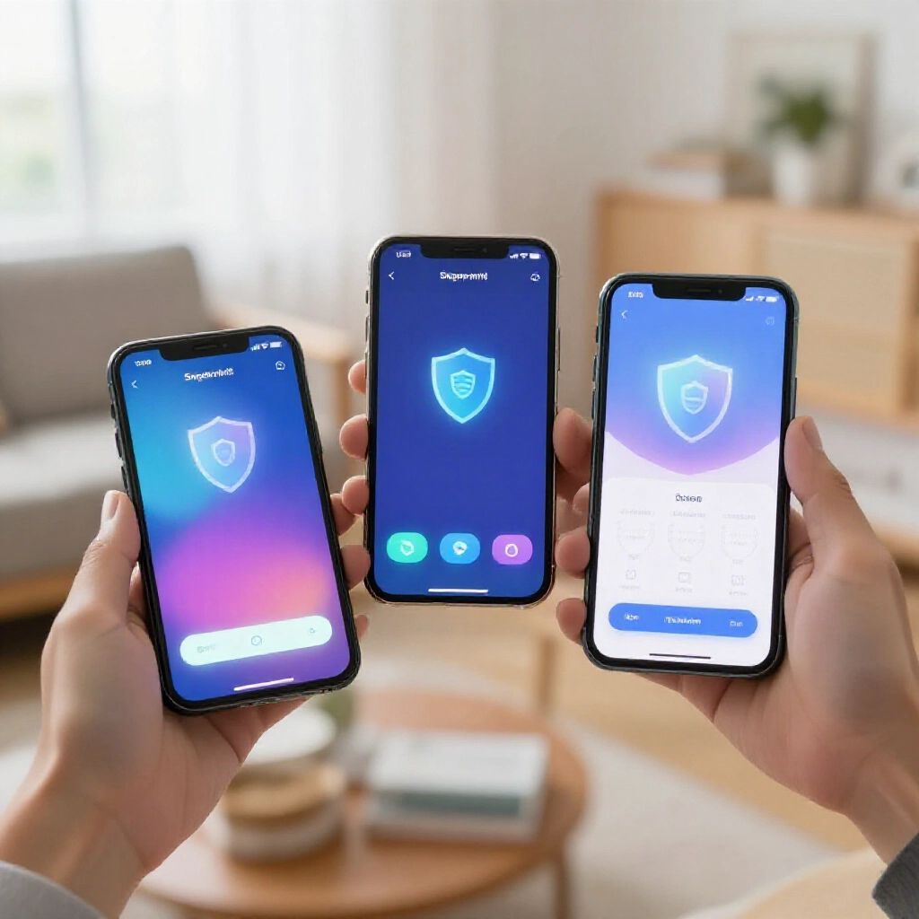 現代智慧型手機顯示安全 App 下載介面，手持螢幕上的發光按鈕與盾牌圖示，在明亮的台灣客廳自然日光充滿活力色彩溫馨氛圍
