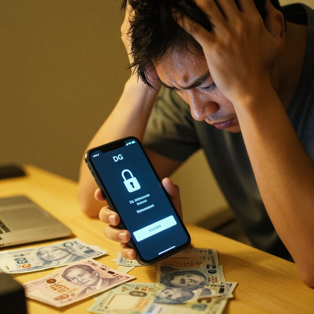 沮喪玩家握緊顯示DG出金凍結畫面的智慧手機,錯誤警示與鎖頭,額頭冒汗,桌上散落台灣幣鈔票,緊急暖黃色調