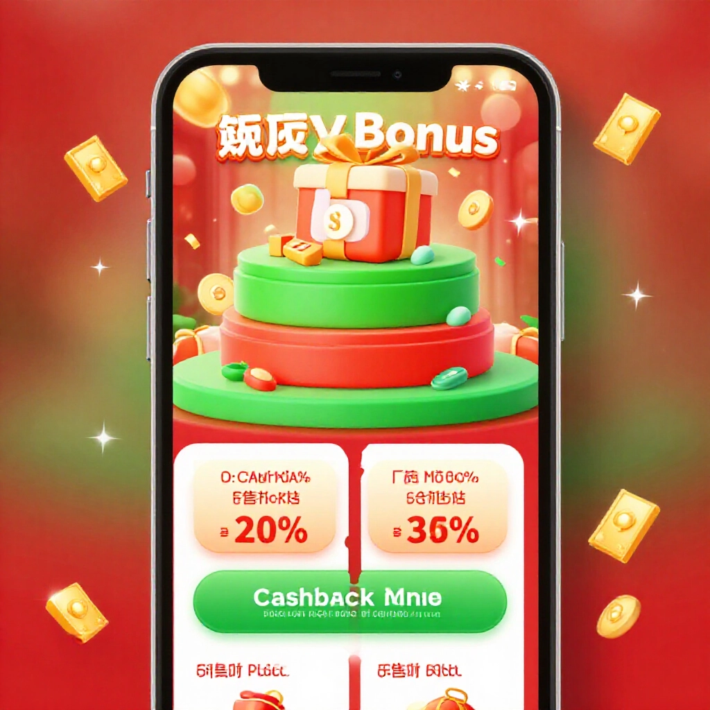 動感促銷頁面展示疊加紅利優惠、現金回饋百分比與儲值匹配優惠,在手機上以節慶紅綠色調與閃耀獎勵動畫呈現活力氛圍