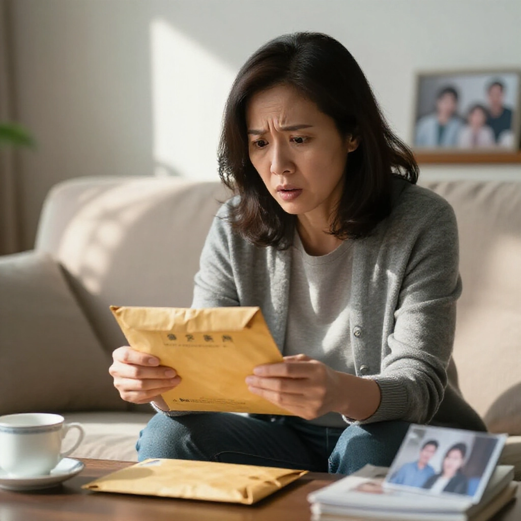 中年台灣婦女在家客廳開啟警察局公文信封,露出驚訝表情