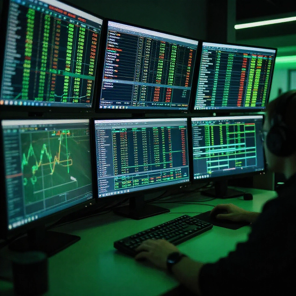 高科技交易桌前，多螢幕顯示即時賽事比分、波動賠率圖表與套利機會