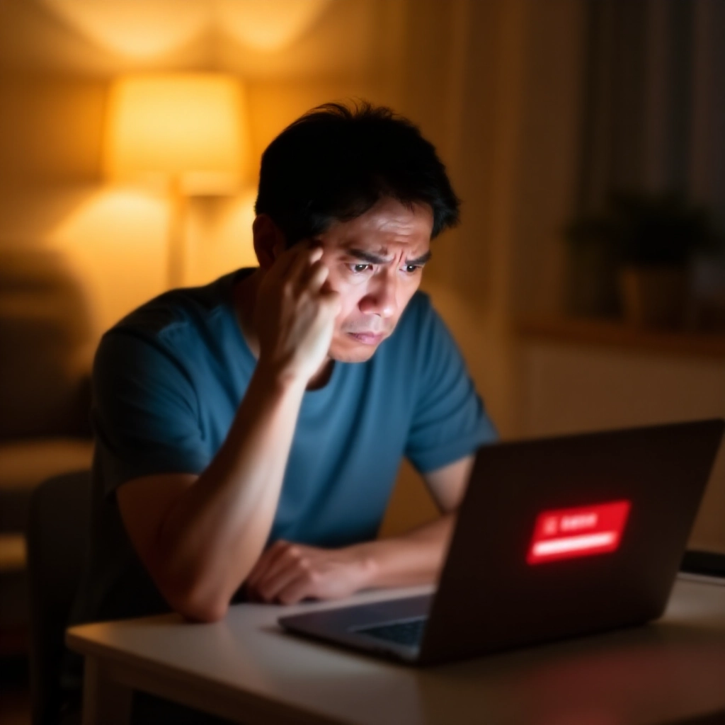 一位中年台灣男子在夜晚客廳,擔憂地盯著筆電螢幕上的紅色登入錯誤訊息,沮喪表情,柔和燈光投射陰影