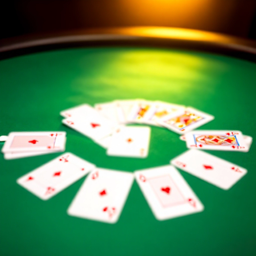 綠色賭桌散落撲克牌,顯示Ace算11點與10、J、Q、K牌在溫暖金色燈光下