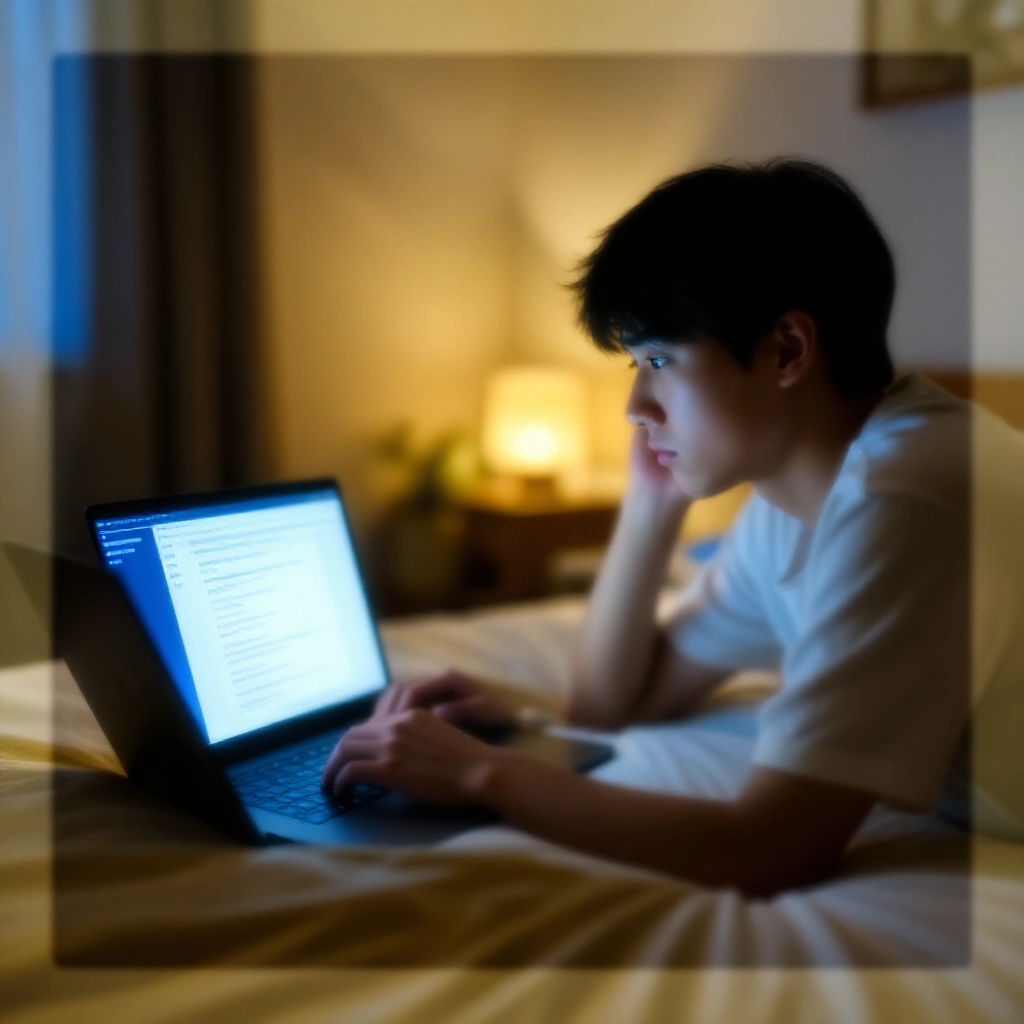 舒適台灣臥室夜晚,年輕男子用筆電瀏覽論壇討論串與驗證圖表,對比謠言與實際營運證明