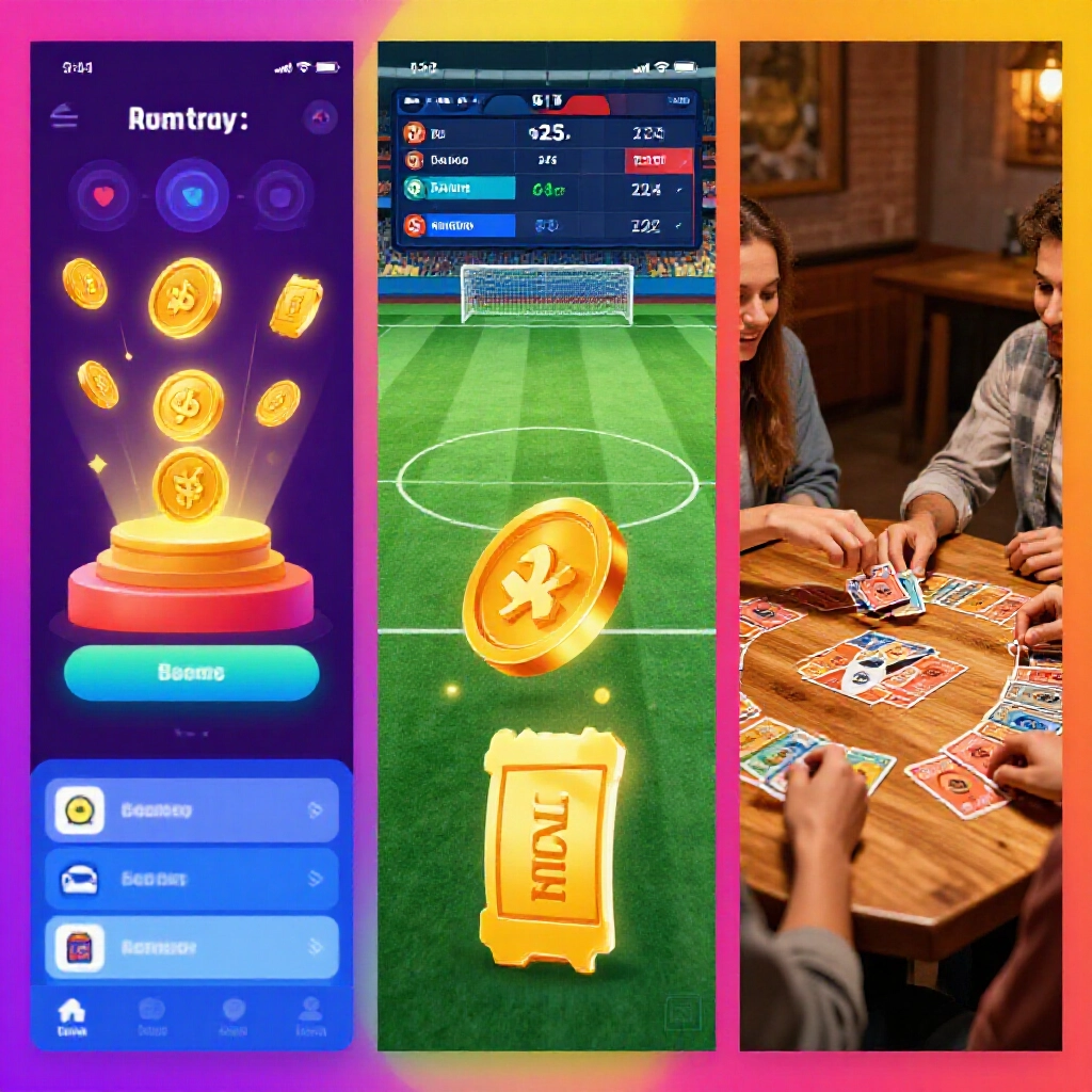 彩色資訊圖分為三個鮮豔面板:左側數位投注App介面發光退水金幣、中間運動場計分板退款票券圖示、右側友人木桌玩桌遊一人撤回投票溫暖燈光